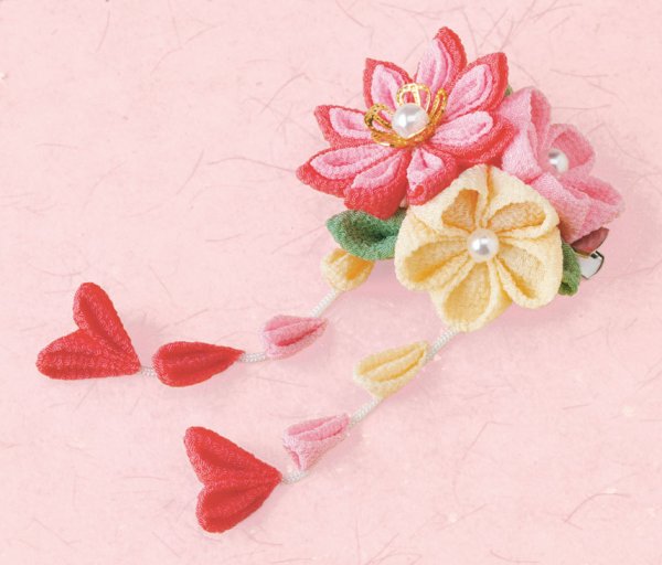 画像1: つまみ細工　花束のブローチ（ピンク） (1)